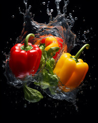 Sticker - red yellow green peppers isolated white, dropped in to under water, hyper realistic, beautiful dreamy light, create using generative AI tools.