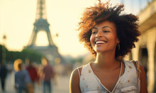 Happy Black Woman Travel In Paris, Cheerful Female Near Eiffel Tower, Travel To Europe, Famous Popular Tourist Place In World.