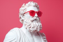 White Brutal Sculpture Of Zeus Wearing Rose-colored Glasses On A Pastel Pink Background.