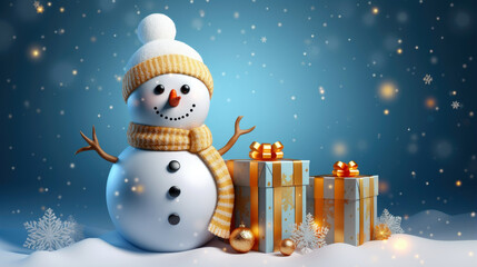 Wall Mural - Christmas snowman with gift box realistic 3d design, gold metal balls and snowflakes. Festive winter composition. Happy New Year and Xmas. 