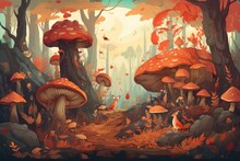 A Whimsical Forest Scene, Featuring Woodland Creatures And Mushrooms In Rich Autumn Colors. The Magic Of The Season. Generative AI.