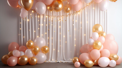 Canvas Print - Happy Birthday! Children's decoration with glowing lights, birthday garland, different color of balloons. Decorated photo zone. Festive decorative elements, photo area