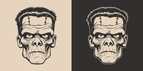 Poster - Vintage retro Halloween zombie dead frankenstein character face portrait. spooky scary horror element. Monochrome Graphic Art. Vector. Hand drawn element engraving