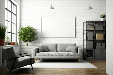 Wall Mural - A white brick wall living room has a gray sofa, poufs, a vertical poster, and a TV mounted over a bookcase. mockup. Generative AI