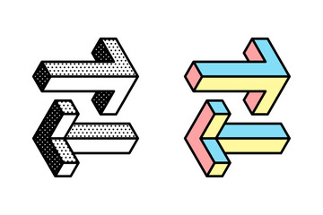 Wall Mural - isometric arrow logo. optical illusion sign. retro 3d icons set with black and white polka dots and 
