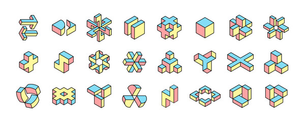 Wall Mural - isometric hexagon, star, arrow, cubic, and abstract logos set. optical illusion. dim colored retro 3