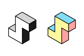 Wall Mural - isometric abstract logo. optical illusion sign. retro 3d icons set with black and white polka dots a