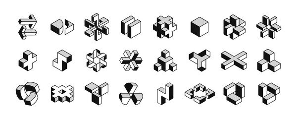 Wall Mural - isometric hexagon, star, arrow, cubic, and abstract logos set. optical illusion. retro 3d icons set 