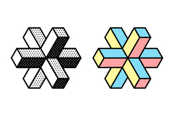 Wall Mural - isometric abstract logo. optical illusion sign. retro 3d icons set with black and white polka dots a