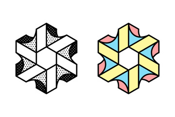Wall Mural - isometric abstract logo. optical illusion sign. retro 3d icons set with black and white polka dots a