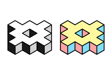 Wall Mural - isometric cubic logo. optical illusion sign. retro 3d icons set with black and white polka dots and 