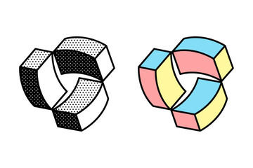 Wall Mural - isometric abstract logo. optical illusion sign. retro 3d icons set with black and white polka dots a