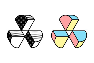 Wall Mural - isometric triangle logo. optical illusion sign. retro 3d icons set with black and white polka dots a