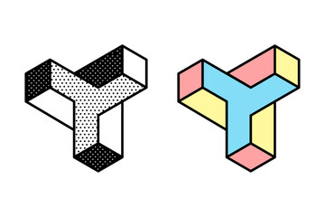 Wall Mural - isometric triangle logo. optical illusion sign. retro 3d icons set with black and white polka dots a