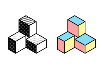 Wall Mural - isometric triangle logo. optical illusion sign. retro 3d icons set with black and white polka dots a