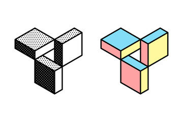 Wall Mural - isometric triangle logo. optical illusion sign. retro 3d icons set with black and white polka dots a