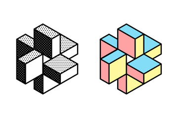 Wall Mural - isometric abstract logo. optical illusion sign. retro 3d icons set with black and white polka dots a