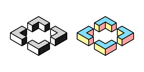 Wall Mural - isometric cubic logo. optical illusion sign. retro 3d icons set with black and white polka dots and 