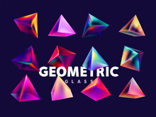 Colored 3D Glass Pyramids On Dark Background. Set Of Multicolor Vector Geometric Shapes.