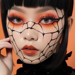 A mysterious woman dressed in autumn colors and wearing a masque of orange lipstick and thick black eyelashes evokes the haunting spirit of halloween