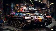 Military Tank Painted With Bright Graffiti Paint Generative AI