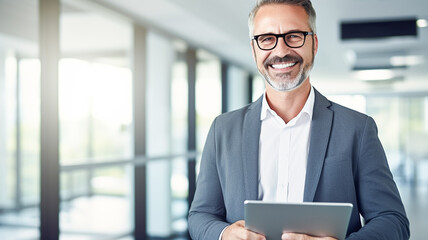 Wall Mural - Happy confident senior businessman using digital tablet in office. 

