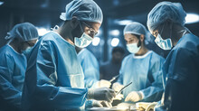 A Surgeon's Team In Uniform Performs An Operation On A Patient At A Cardiac Surgery Clinic. 


