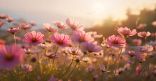 Sunset Pink Flower Colorful Violet Beautiful Blooming Background Meadow Nature Field. Generative AI.