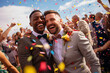Homosexual men couple celebrating their own wedding - lbgt couple after wedding ceremony, generative ai