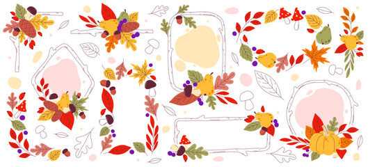 Wall Mural - Autumn plant leaves, fruits and berries decorative frames and fall floral ornament borders set