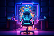 Futuristic Gaming Room Interior With Armchair, Computer, Gamepad And Neon Lights. Illustration