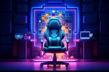 Futuristic gaming room interior with armchair, computer, gamepad and neon lights. illustration