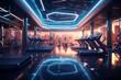 Futuristic gym interior with neon lights. 3D Rendering
