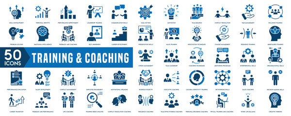 Training and Coaching icon set. Containing team building, collaboration, teamwork, coaching, problem-solving and education icons. Solid icon collection