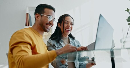 Poster - Laptop, finance and couple with documents for budget, online banking and payment for insurance. Fintech, relationship and happy man and woman with bills on computer for mortgage, taxes and investment