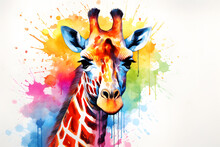 Modern Colorful Watercolor Painting Of A Giraffe, Textured White Paper Background, Vibrant Paint Splashes. Created With Generative AI