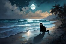 A Halloween Moonlit Beach With Gentle Waves Crashing On The Shore, And A Black Cat With Luminous Eyes Prowling Along The Water's Edge