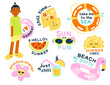 Summer colorful badge and sticker isolated set with positive lettering and cute party drawings