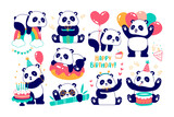 Fototapeta Dinusie - Cute little panda bear cartoon character celebrating birthday isolated vector illustration set