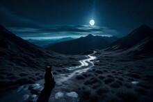 A Moonlit Mountain Pass, Where A Black Cat Stands Sentinel Against The Halloween Night Sky, As The Moonlight Outlines The Peaks In The Distance