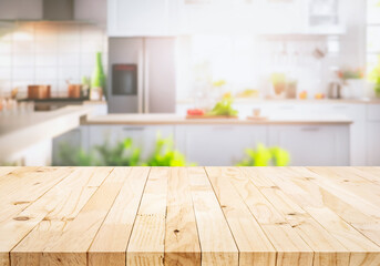 Wall Mural - Selective focus.Wood table top on blur kitchen counter in morning background.For montage product display