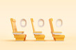 Three rows of yellow seats in the cabin. The concept of flight, buying plane tickets, business trip, vacation. Advertising of air flights, transport services, booking. 3d rendering