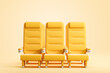 Row of three yellow airplane seats. Concept of economy class, plane flight, vacation, business trip. Advertising of air flights, transport services, booking. 3d rendering