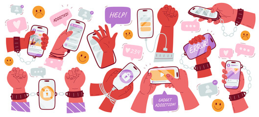 Human hand in chain, handcuffs and shackle holding smartphone showing addiction isolated set