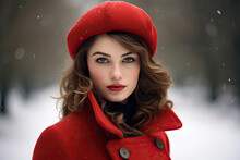 Close Up Of A Girl Wearing Red Beret And Red Coat 