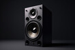 © dinastya - Black music speaker on flat gray background of studio with copy space. 3d render illustration style.