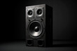 © dinastya - Black music speaker on flat gray background of studio with copy space. 3d render illustration style.