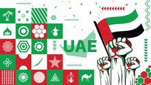 UAE National Day Banner For Independence Day Anniversary. Flag Of United Arab Emirates & Modern Geometric Retro Abstract Design. Red Green Color Theme.