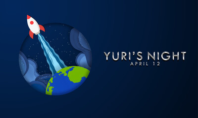 Rocketship flying up into space. Yuri's Night typographic design. Yuri's night banner design, celebrated on April 12. Vector Illustration.

