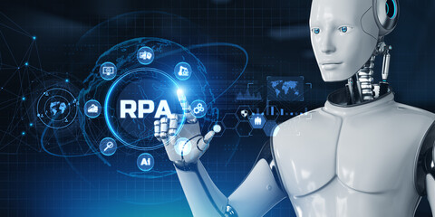 RPA Robotic process automation concept. Robot pressing button on screen 3d render.